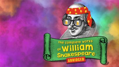 Caricature of William Shakespeare wearing a red bandana, glasses with mugs, and a banner reading, "The complete works of William Shakespeare, Abridged."