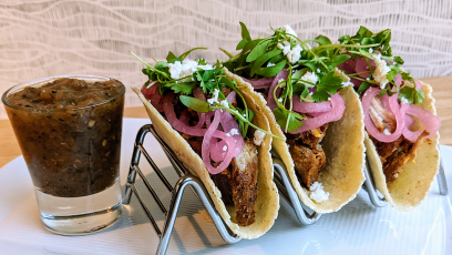 three tacos and drink
