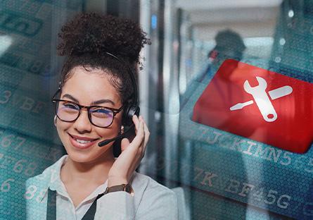 student with headset and large red tool icon button in the background