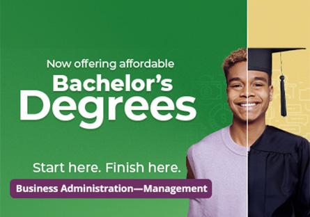 Student with left side wearing a t-shirt and right side wearing a cap and gown. The text reads: Now offering affordable Bachelor's Degrees. Start here. Finish here. Business Administration–Management.