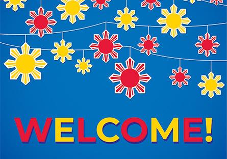 decorative red and yellow flowers with white outlines and the word, Welcome!