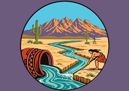 illustration of native person by a river with a desert backdrop