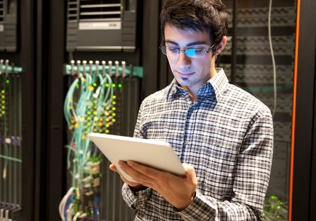 student looking at device