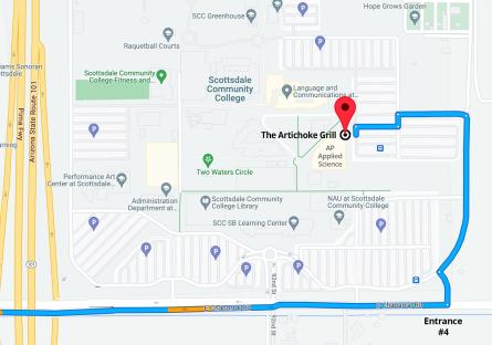 Directions: From the 101 exit on Chaparral. Driving east on Chaparral, turn left in Entrance #4 and follow the road to the right.  The Culinary Arts Dining rooms are in the Applied Sciences Building on the east side of campus by the bus stop. Parking Lot H is closest.