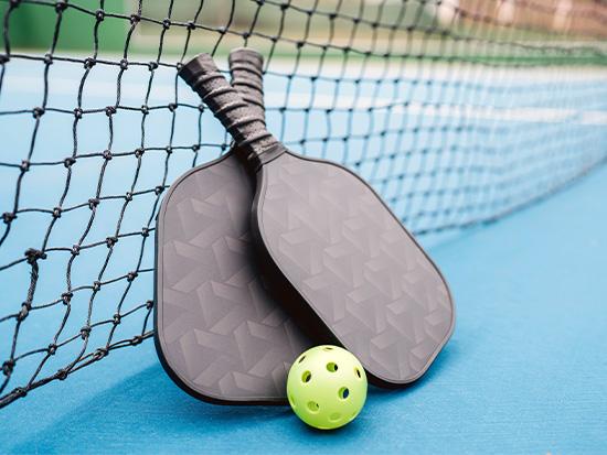 pickleball paddle and ball leaning against net